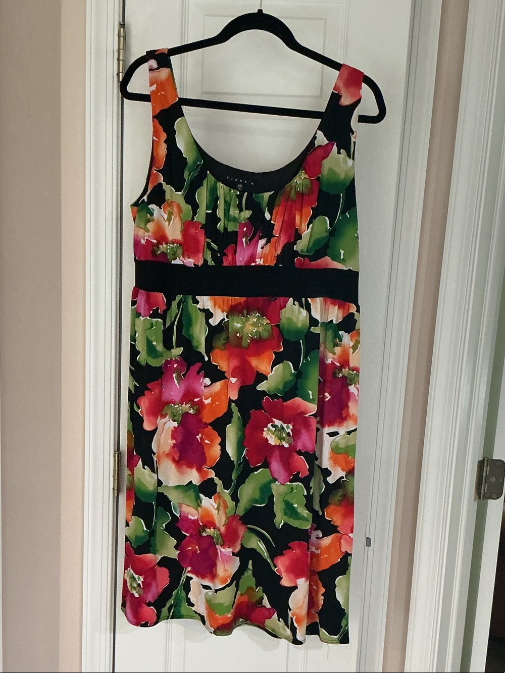 Tiana B. Black Floral Scoop Neck Mini Dress with Pink, Orange and Green Blooms